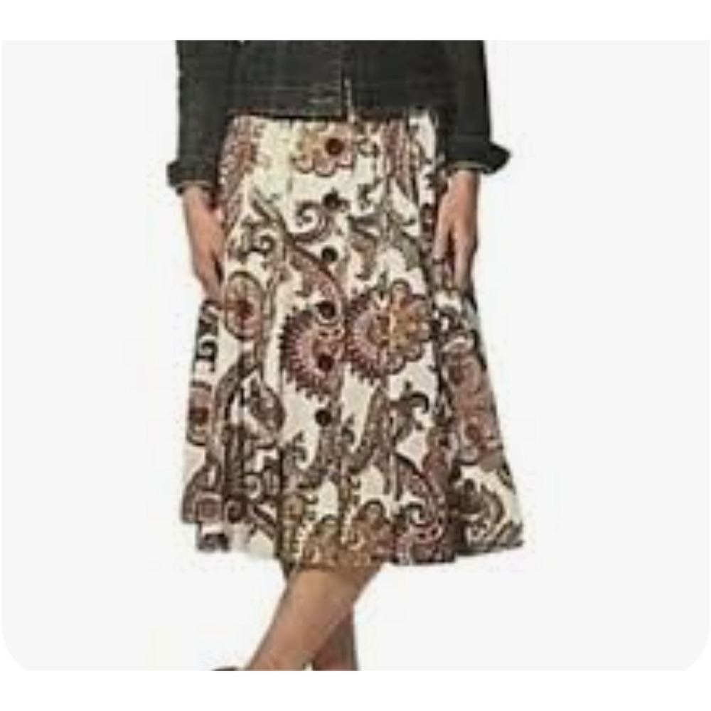 Cabi Paisley Button Front Skirt Womens 12 White Brown Cotton A-Line 861